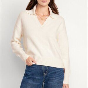 Old Navy Women's V-Neck Cream Polo Sweater Neutral Casual Collared Long Sleeve